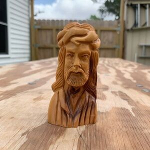 -‎ Vintage Carved Olive Wood Jesus With Crown Thorns Catholic Statue Religious